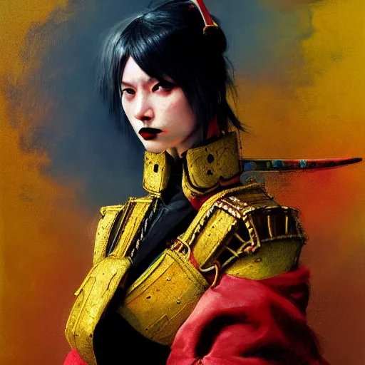 Prompt: photorealistic portrait of a fighting, beautiful, arrogant, female samurai warrior, goth punk, vibrant yellow, red, blue, colors, surreal, a french baroque by by alexander mcqueen, art by greg rutkowski by john william waterhouse, octane render, detailed