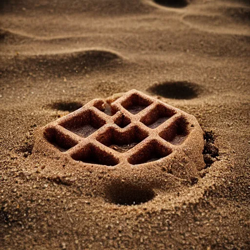 Image similar to an eggo waffle in the sand on the beach in san diego. sigma 5 5 mm. a bit of sand on the waffle. beautiful lighting