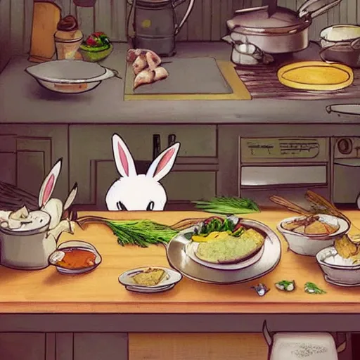 Image similar to rabbits cooking food inside a cozy french kitchen, in the style of studio ghibli