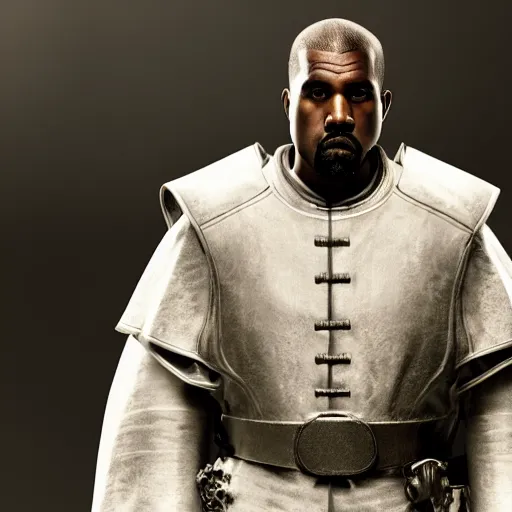 Image similar to kanye west as the pope pope in gears of war battlefield 5, splash art, movie still, cinematic lighting, dramatic, octane render, long lens, shallow depth of field, bokeh, anamorphic lens flare, 8 k, hyper detailed, 3 5 mm film grain