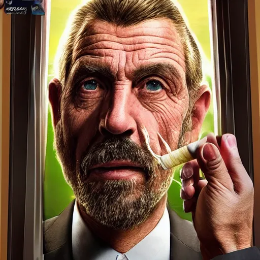 Image similar to mr. house, realistic, highly detailed face, looks at the big explosion, nuclear fungus, explosion, from the window of the lucky 3 8 casino, man smokes a cigar,! holding in his hand!, arm, cigarette advertising, hyperdetailed, artstation trending, ultra hd, artstation, photorealism, ultrarealistic, retro, 4 5 mm, elegant,