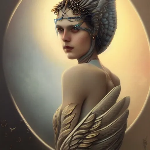 Prompt: portrait of a beautiful goddess with wings and horns by tom bagshaw