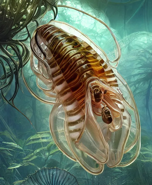 Prompt: opulent transparent clear see - through portrait of a terrifying beautiful male human isopod sea slug, mottled coloring, adorable, childlike, overgrown biopunk jungle environment, ultra realistic, concept art, art nouveau, photorealistic, octane render, 8 k, unreal engine. art by christopher marley and artgerm and greg rutkowski and alphonse mucha