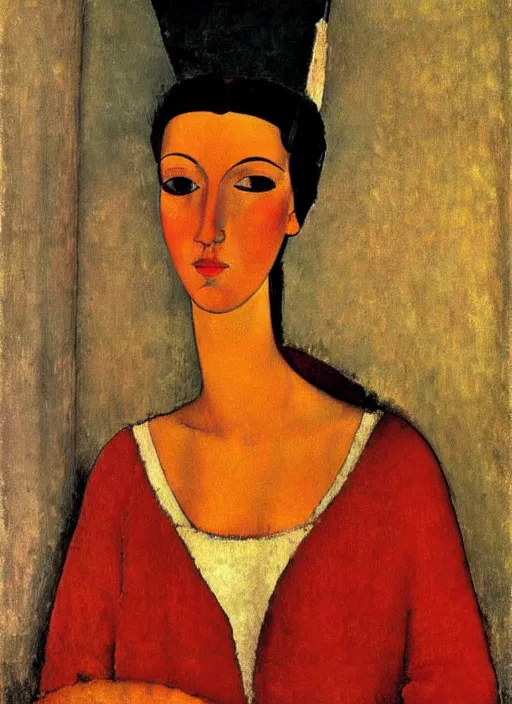 Image similar to portrait of young woman in renaissance dress and renaissance headdress, art by amedeo modigliani