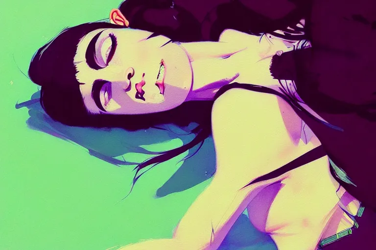 Image similar to a ultradetailed painting of a stylish girl waking up, she is wearing a tank top by conrad roset, greg rutkowski and makoto shinkai trending on artstation