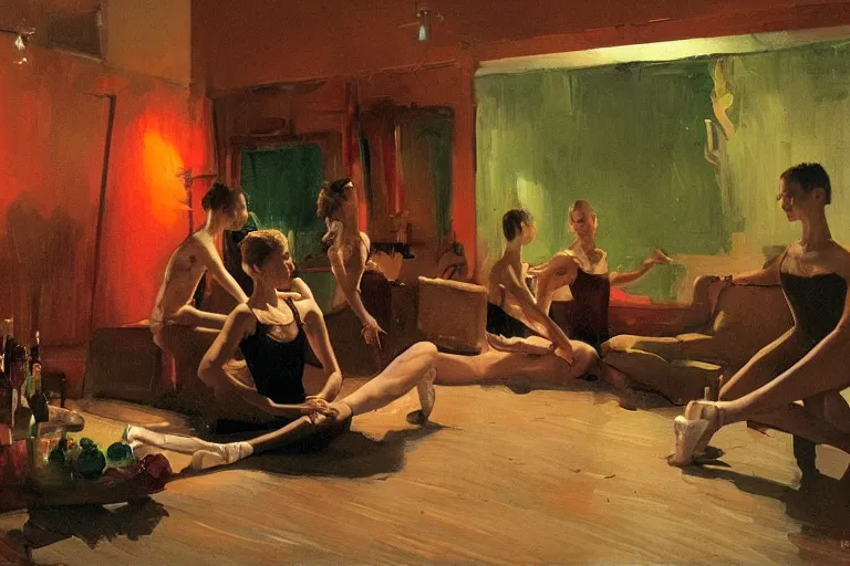 Image similar to ballet dancers drinking brutal and raw wine, inside a tiny green room with red lights by joaquin sorolla, greg rutkowski, bill sienckiwicz, extremely detailed