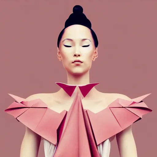 Image similar to 3 / 4 view of a ballerina girl wearing an origami dress, eye - level medium shot, elegant, by eiko ishioka, givenchy, by peter mohrbacher, centered, fresh colors, origami, fashion, detailed illustration, vogue, high depth of field, japanese, reallusion character creator