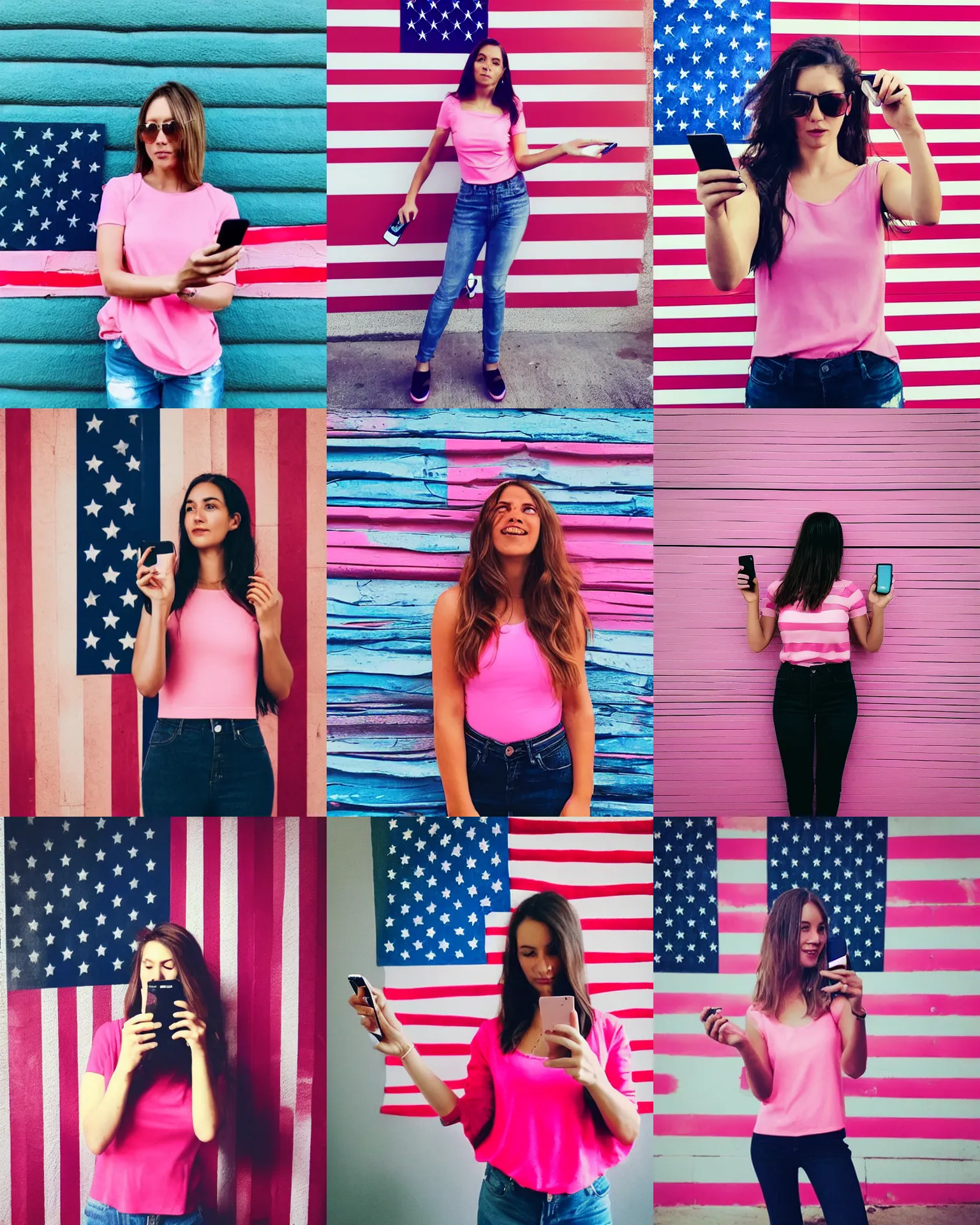 Prompt: a selfie photo of woman in a tiny pink top holding up a cell phone in front of an american flag wall with her hand on her hip and a phone in her other hand, a picture by isabel naftel, instagram, superflat, full body, sensual, colorful