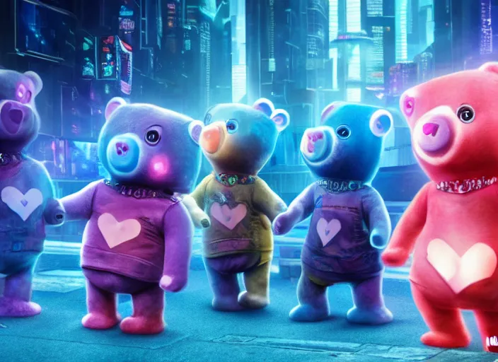 Prompt: film still of cyberpunk care bears in new sci - fi movie, 4 k