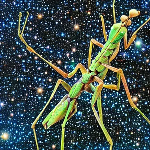 Image similar to celestial praying mantis made out of galaxies, universe, nebulas, mystical, majestic.