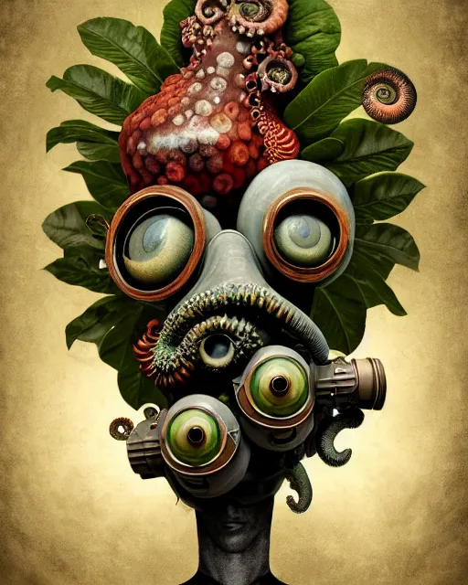 Image similar to a biomorphic portrait with with large eyes, expressive, wearing a botanical gas mask, baroque painting by mark ryden and arcimboldo, cephalopod, mixed media 3 d collage, focus on head, soft light, 4 k, octane high quality render