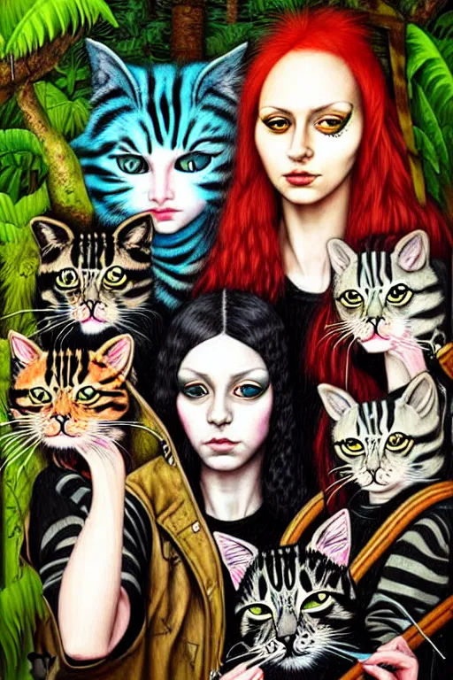 Image similar to punk rock girls making selfie with cats in jungle , mad max jacket, post apocalyptic, renaissance, oil painting like Leonardo Da Vinci, hyper realistic style, fantasy by Olga Fedorova,