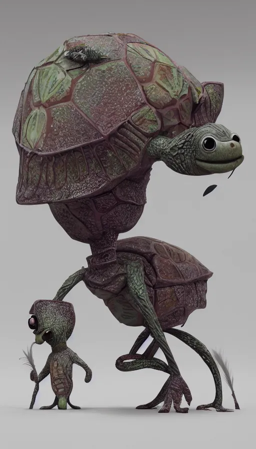 Prompt: a smartly dressed strange bird turtle giraffe chimp chimera creature with scales feathers fins on a lush fertile alien planet, in the style of shaun tan, sam shearon, dr seuss, leng jun, max ernst, surreal, close up, fantastic, wonderful, science fiction, dramatic studio lighting, atmospheric, national geographic, 3 d sculpture 8 k octane render