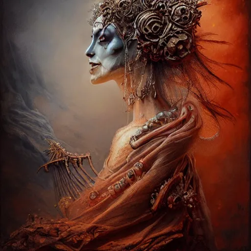 Prompt: a beautiful detailed 3d matte portrait of female empress of the dead, by ellen jewett, by tomasz alen kopera, by Justin Gerard, ominous, magical realism, texture, intricate, ornate, royally decorated, skull, skeleton, whirling smoke, embers, red adornements, red torn fabric, radiant colors, fantasy, volumetric lighting, high details