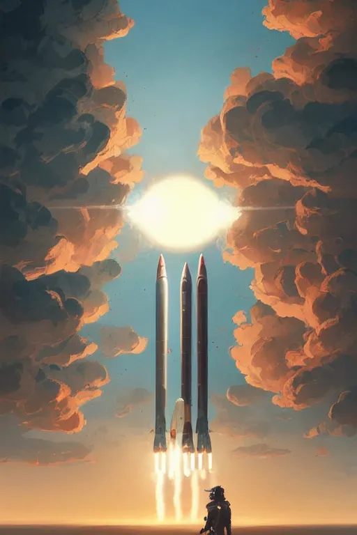 Image similar to poster artwork. distant rocket taking off. on the horizon. during golden hour. symmetry. washed out. desaturated. art by wlop, mars ravelo and greg rutkowski.