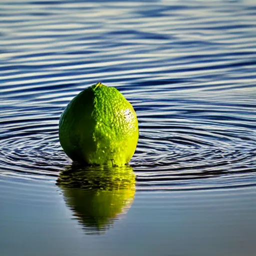 Image similar to 5 0 0 0 mm lens photo of a lime floating in a distant lake, sunset