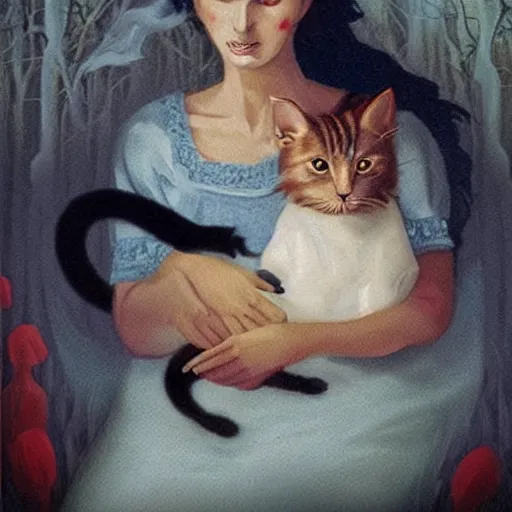 Image similar to it features a woman sitting with a cat on her lap. the woman is a bit spooky looking... her eyes glow with an unearthly light. indeed, she is nearly demonic.