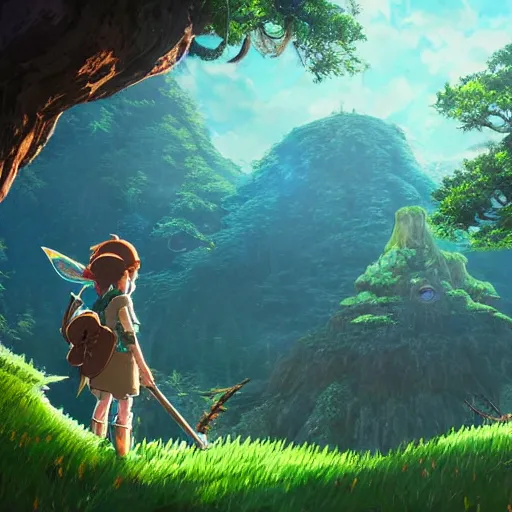 Image similar to forest fairy kingdom, Beautiful Landscape, wide angle, by Miyazaki, Nausicaa Ghibli, Breath of The Wild, dramatic lighting, cinematic, establishing shot, extremely high detail, foto realistic, cinematic lighting, post processed, concept art, high details, cinematic, 8k resolution, beautiful detailed, photorealistic, digital painting, artstation, concept art, smooth, sharp focus, artstation trending, octane render, unreal engine