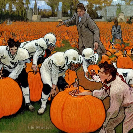 Image similar to painting of arkansas razorbacks playing football with pumpkins at the halloween! party, bubbling cauldron!, candles!, graveyard, gravestones, ghosts, smoke, autumn! colors, elegant, wearing suits!, clothes!, delicate facial features, art by alphonse mucha, vincent van gogh, egon schiele