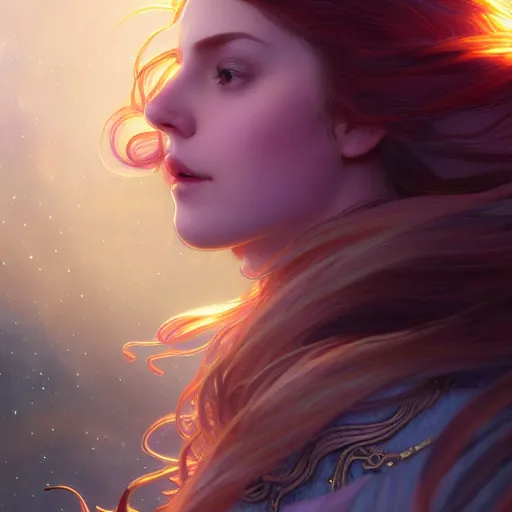 Prompt: aurora, girl with super long hair, hair becoming bright stars, intricate, highly detailed, digital painting, artstation, concept art, smooth, sharp focus, illustration, unreal engine 5, 8 k, art by artgerm and greg rutkowski and alphonse mucha