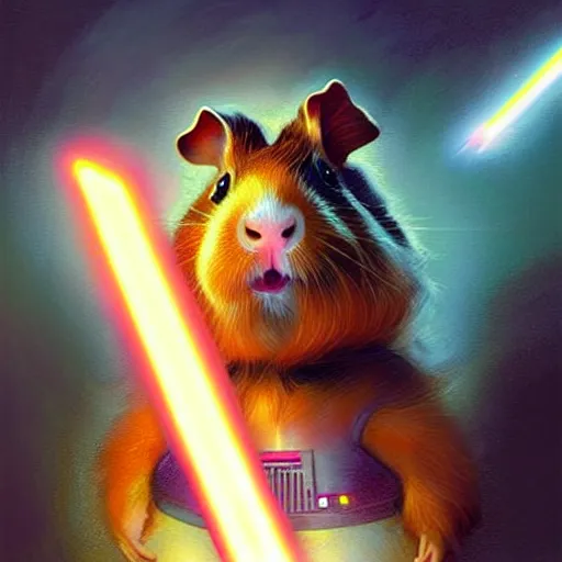 Image similar to cute anthropomorphic guinea pig full as an jedi in a spaceship, body portrait, divine lightning, by greg rutkowski, by charlie bowater