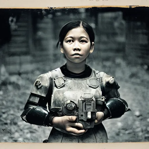 Image similar to A Filipino girl wearing Fallout 3 power armor, portrait, by Diane Arbus