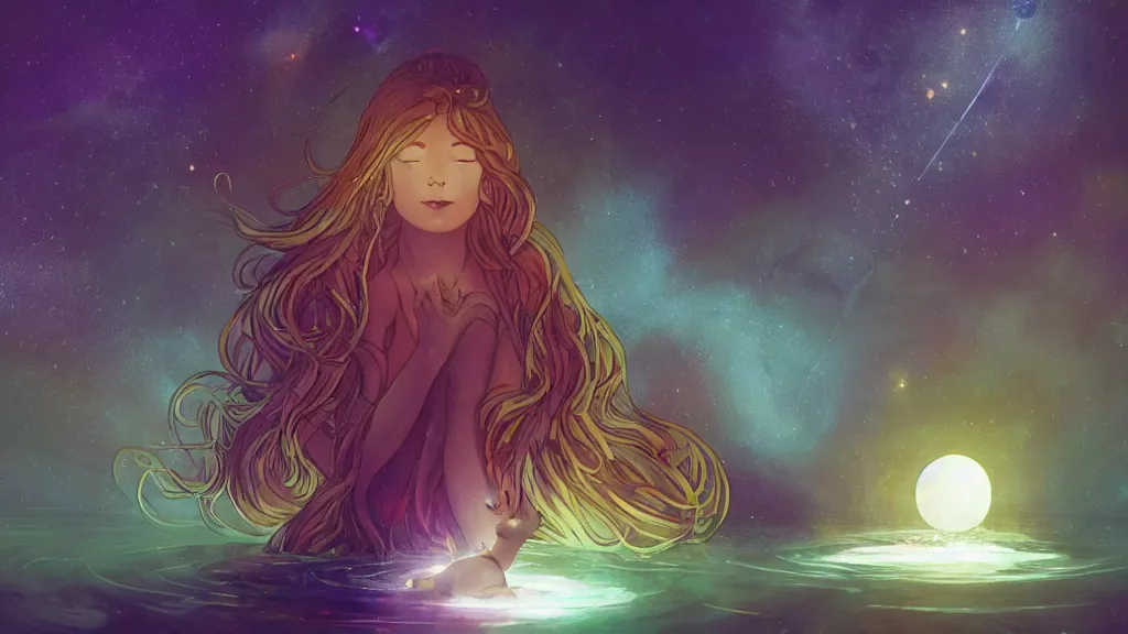 Prompt: a beautiful whimsical goddess floating above a lake basking in the moonlight, casting a spell, underneath a multi-colored binary blackhole with an accretion disc, glowing trails following her arms, acidwave, by Lois van Baarle, by Greg Rutkowski, by artgerm, by beeple, by studio ghibli, cinematic angle, volumetric lighting, 4k resolution, octane render, trending on artstation, masterpiece