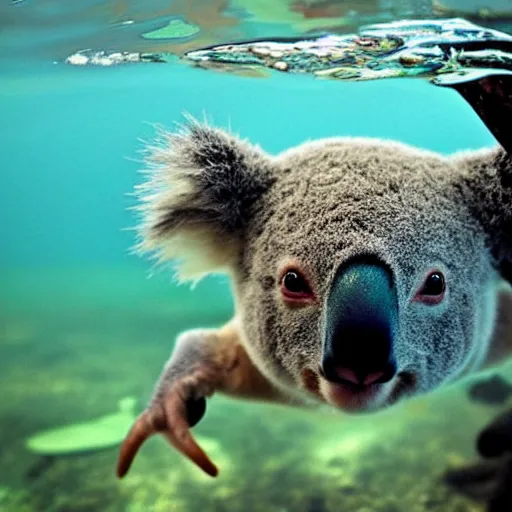 Image similar to koala swimming under water with his friend a frog