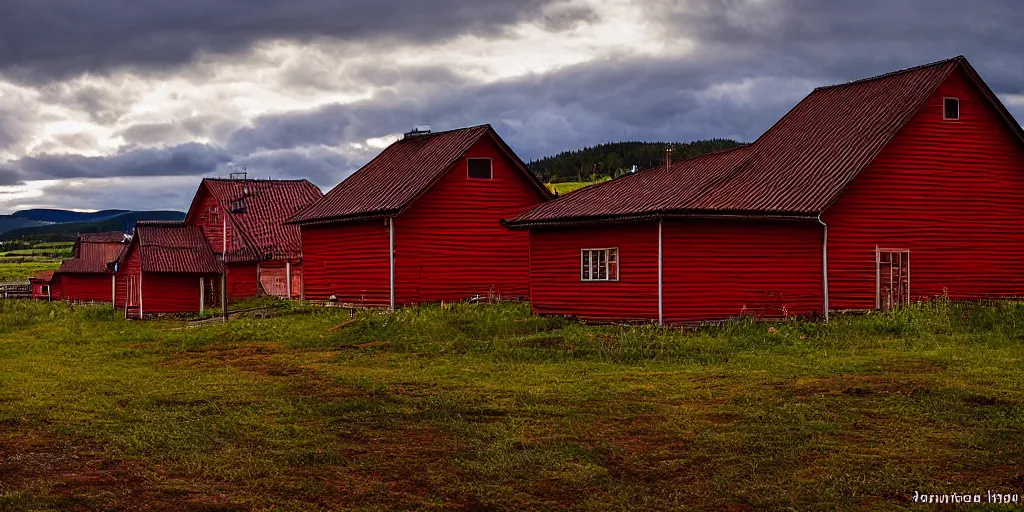 Image similar to a dramatic lighting view of dalarna, sweden, red and brown wooden cottages seen on a field, in the style of anders zorn