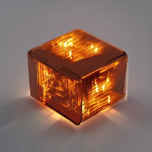 Prompt: a transparent cube containing copper coils and small lights