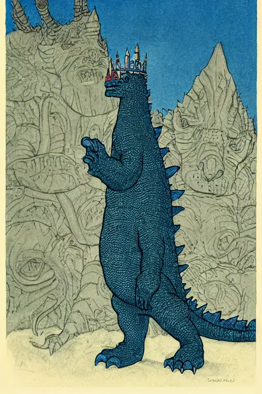 Image similar to godzilla wearing a crown, by maurice sendak