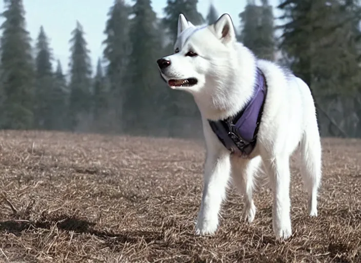 Image similar to film still of an anthropomorphic standing upright man dog white vested husky!!!!!! in a white vest wearing a white vest!!!!! in the new sci - fi movie, 8 k