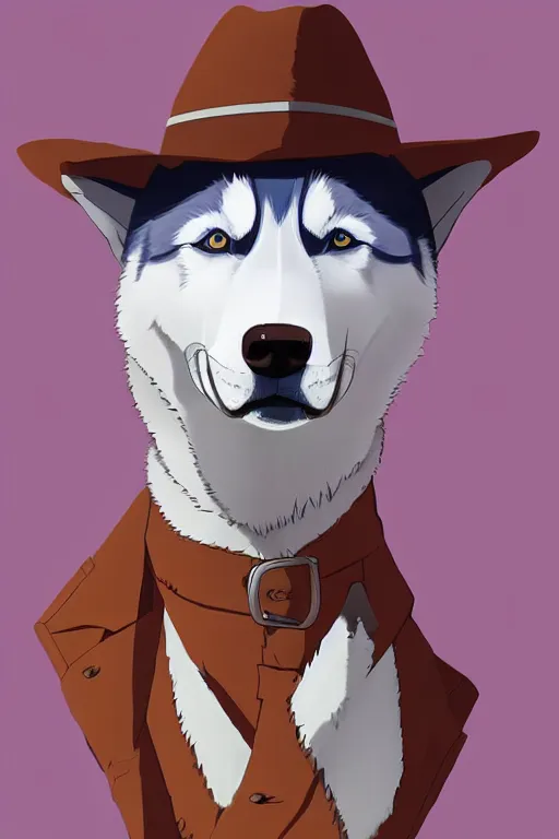 Image similar to a portrait painting of a husky in cowboy costume, wearing a cowboy hat, by [ studio ghibli ], in the style of anime, trending on artstation