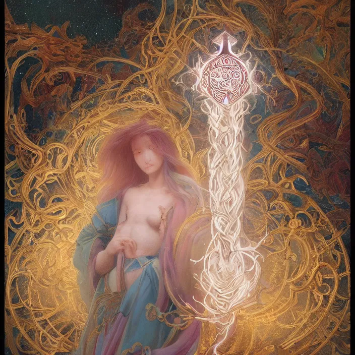 Image similar to a ultra - detailed beautiful painting major arcana the magician, sigils, runes, magical items, by hsiao ron cheng, ngai victo, nivanh chanthara jean delville wlop and dougherty patrick, trending on artstation, orb of agamento, light sparkles,, sky, sharp focus, soft light