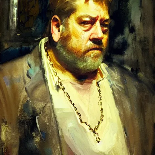 Image similar to portrait of a cyberpunk john goodman with earring and gold necklace, by jeremy mann, anders zorn.