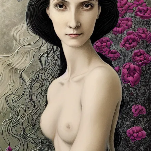 Image similar to facial portrait of a young pretty woman in flowing dress, arrogant, mysterious, long fine flowing hair, delicate, looking at camera, slightly awkward smile, realistic face, hands behind back, intricate, stylish, elegant, grimdark fantasy, flowers, extremely detailed painting inspired by Gerald Brom and Ernst Haeckel and Greg Rutkowski