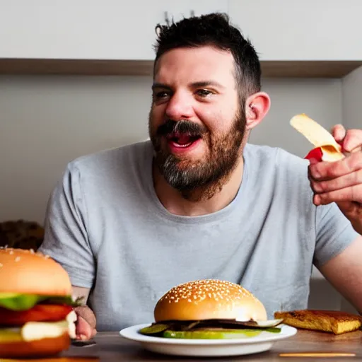 Image similar to a man enjoying a burger full of cheese in his kitchen, 4 k, cinematography, photography, realistic, detailed,