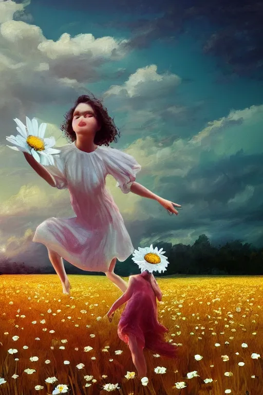 Image similar to giant white daisy flower face, girl dancing in a flower field, surreal photography, sunrise, dramatic light, impressionist painting, colorful clouds, digital painting, artstation, simon stalenhag