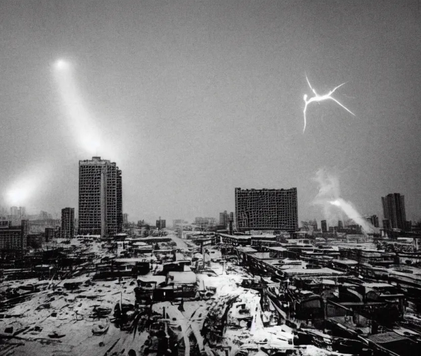 Image similar to Pulgasari the North Korean starfish monster destroying Pyongyang city, volumetric lighting, filmstill, produced by Kim Jong-il, Kodachrome, kaiju-eiga, monster movie, communist propaganda, film noir, 35mm film grain, Cooke Varotal 20-100mm T3.1, in the style of Ishirō Honda and Stanley Kubrick