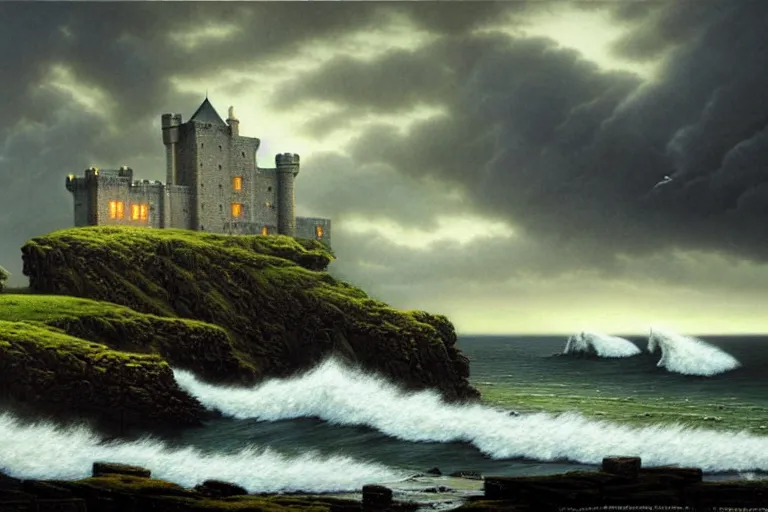 Prompt: a landscape of an irish castle on a seaside cliff, dark clouds, waves crashing, fantasy painting by michael whelan and mort kunstler, 4 k, hd, award winning, intricate details