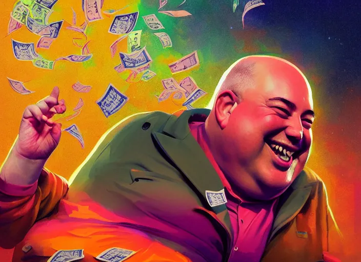 Prompt: A psychedelic portrait of very obese laughing and fat jeff bezos with money falling from sky, vibrant color scheme, highly detailed, in the style of romanticism, cinematic, artstation, Moebius, Greg rutkowski