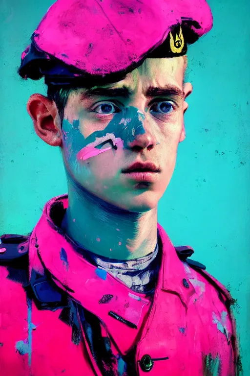 Prompt: portrait of a young soldier boy nor living in a death postapoliptic world, painted in acrylic, pigment, in the colors hot pink and cyan, beautiful realistic face, rule of thirds, dutch soldier outfit, spotlight, by greg rutkowski, by jeremy mann, by francoise nielly, by van gogh, digital painting