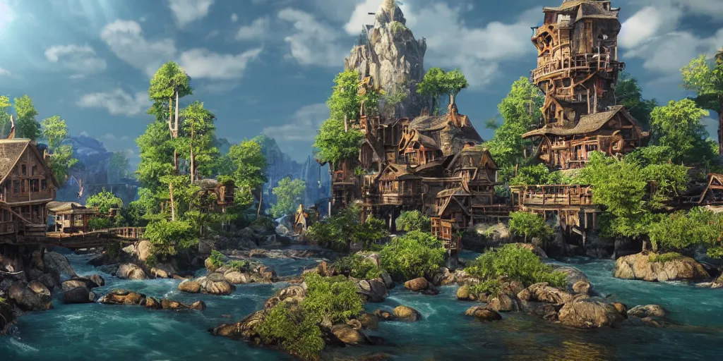 Image similar to beautiful and immersive magical town, magical buildings, bioluminescent forest surrounding, gentle rivers flowing through town, award - winning cinematography - cinematic lighting, dramatic lighting, stunning and beautiful view - unbelievably amazing - highly detailed, hyperrealistic, unreal engine 5, in the style of kingdom hearts and final fantasy