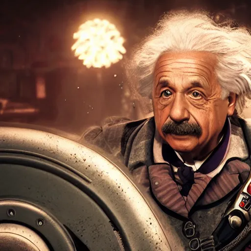 Image similar to ( ( albert einstein as willy wonka ) ) in gears of war, splash art, movie still, cinematic lighting, dramatic, octane render, long lens, shallow depth of field, bokeh, anamorphic lens flare, 8 k, hyper detailed, 3 5 mm film grain