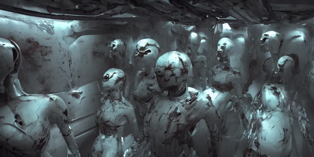 Image similar to dead space necromorph mannequins in a space ship, cinematic still, cinematic lighting, dark palette, realistic, 4 k.