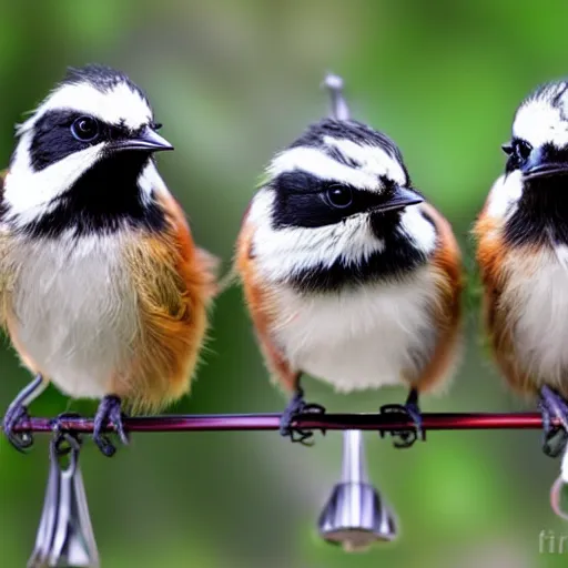 Prompt: three chickadees on a telephone wire, high quality, realistic, photograph, nature