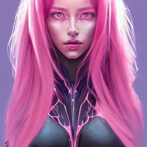 Image similar to portrait of beautiful symmetrical anime alien woman, pink hair, attractive, casual, modern, victoria's secret, highly detailed, digital painting, artstation, concept art, smooth, sharp focus, illustration, art by artgerm, greg rutkowski and alphonse mucha, 8 k,