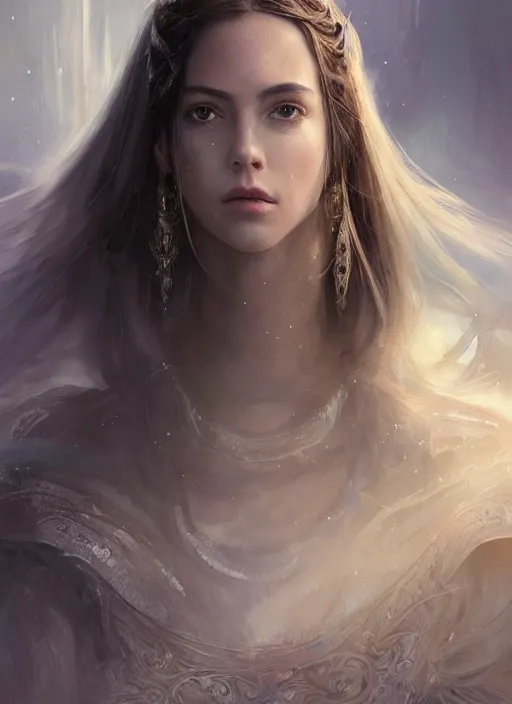 Image similar to a professional portrait of a beautiful young female, clothed in ethereal battle armor, olive skin, long dark hair, beautiful bone structure, symmetrical facial features, intricate, elegant, digital painting, concept art, smooth, sharp focus, finely detailed, illustration, from Valerian and the City of a Thousand Planets, in the style of Ruan Jia and Mandy Jurgens and Artgerm and Greg Rutkowski and William-Adolphe Bouguerea