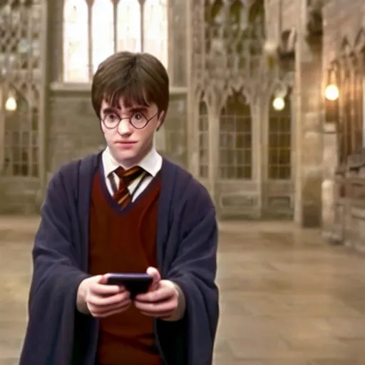 Prompt: movie still of harry potter holding an iphone in hogwarts, movie, harry potter, screenshot, detailed