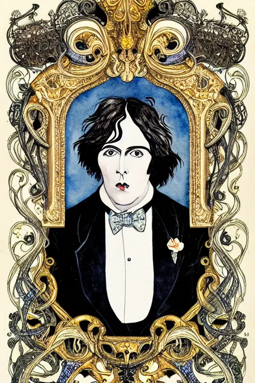 Prompt: realistic portrait of oscar wilde in the center of an ornate rococo frame with skulls, detailed art by kay nielsen and walter crane, illustration style, watercolor